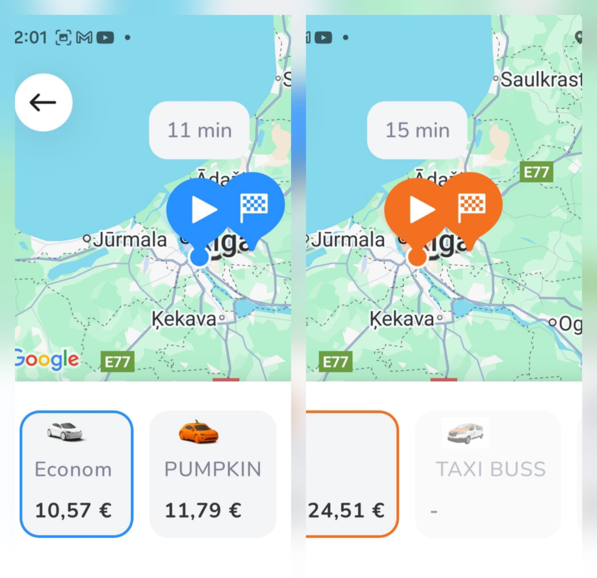 Ruut un X TAXI pasūtījuma interfeiss
