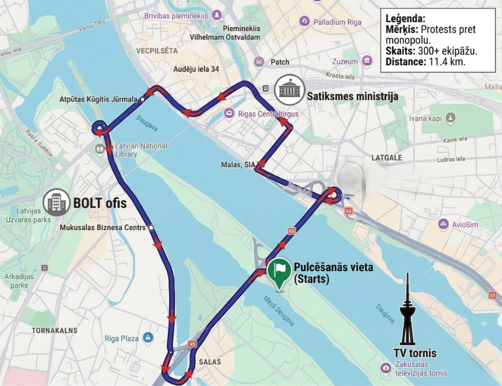 Маршрут протестного марша 13 апреля в Риге — 11,4 км, 300+ экипажей, Закусала → Министерство сообщения → офис Bolt